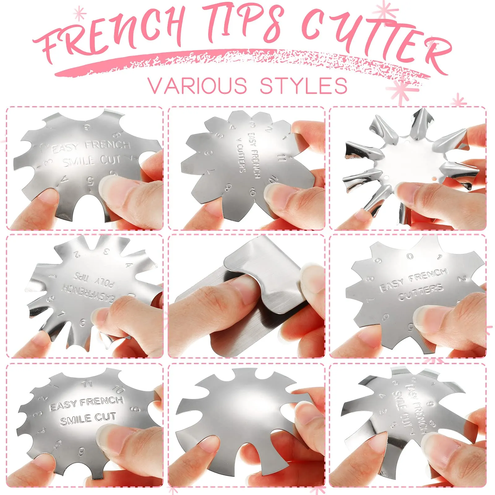 12 Pieces French Nail Trimmer Smile Line Cutter Edge Manicure Stainless Steel French Tip Cutters DIY Plate Module with 2 Handles French Tip Cutting Knife and 5 Spare Blade for Acrylic Nail (Silver) Silver