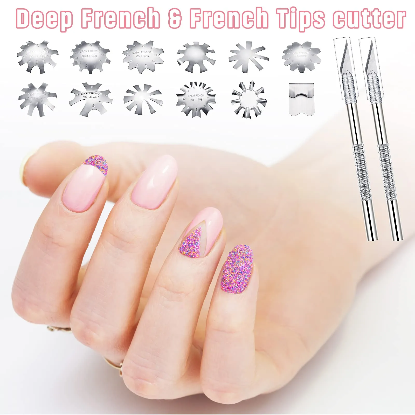 12 Pieces French Nail Trimmer Smile Line Cutter Edge Manicure Stainless Steel French Tip Cutters DIY Plate Module with 2 Handles French Tip Cutting Knife and 5 Spare Blade for Acrylic Nail (Silver) Silver