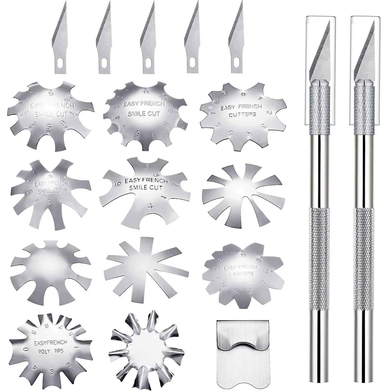 12 Pieces French Nail Trimmer Smile Line Cutter Edge Manicure Stainless Steel French Tip Cutters DIY Plate Module with 2 Handles French Tip Cutting Knife and 5 Spare Blade for Acrylic Nail (Silver) Silver