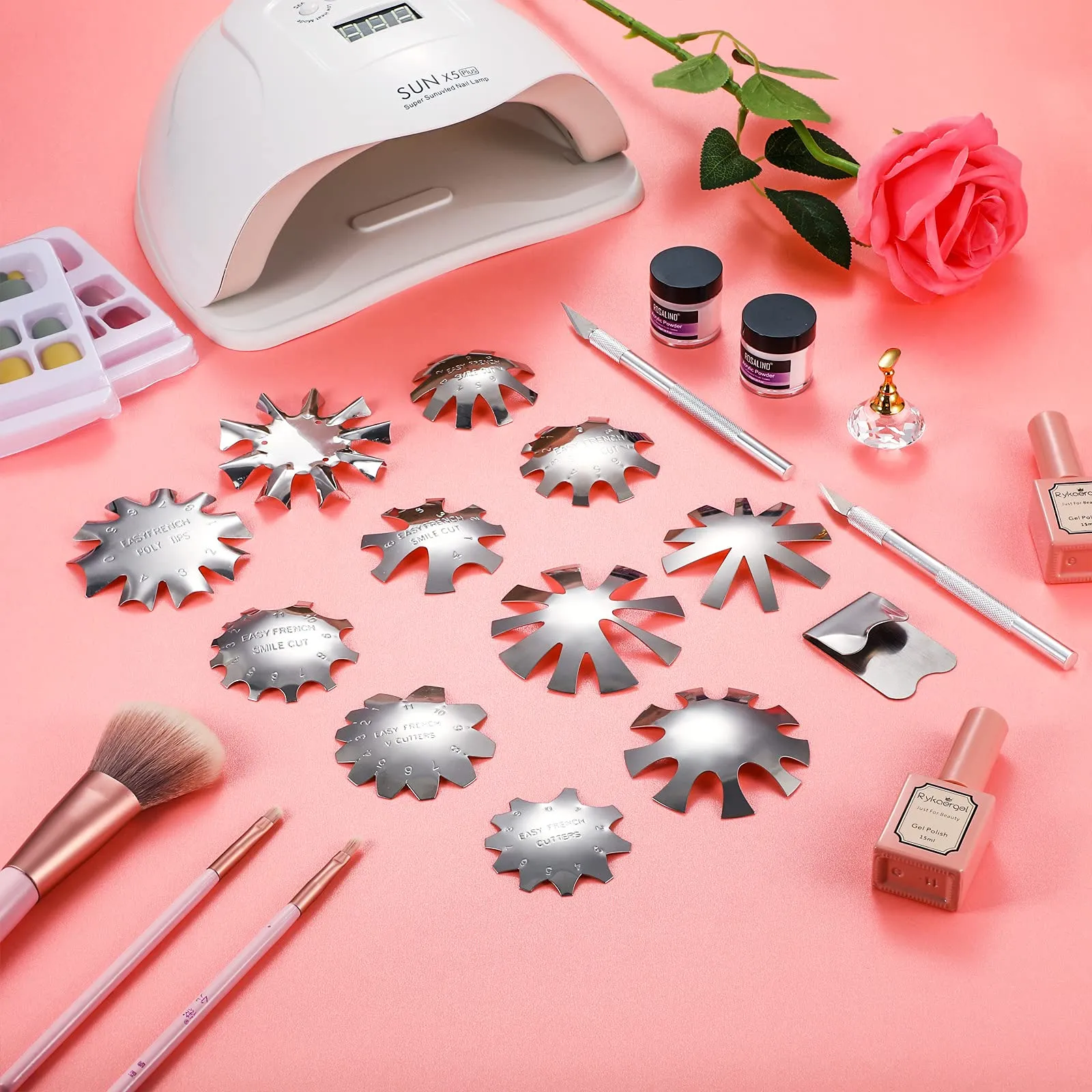 12 Pieces French Nail Trimmer Smile Line Cutter Edge Manicure Stainless Steel French Tip Cutters DIY Plate Module with 2 Handles French Tip Cutting Knife and 5 Spare Blade for Acrylic Nail (Silver) Silver