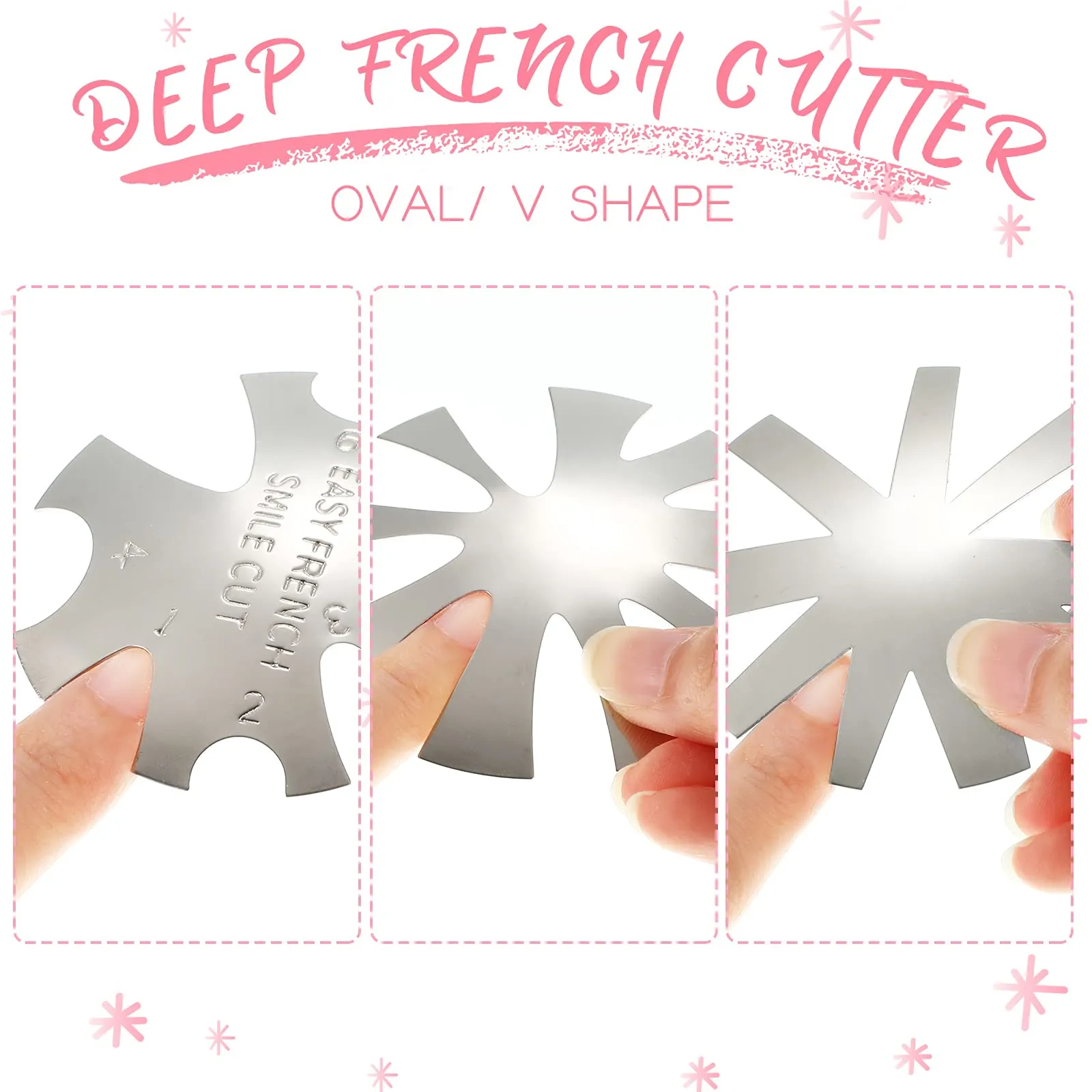 12 Pieces French Nail Trimmer Smile Line Cutter Edge Manicure Stainless Steel French Tip Cutters DIY Plate Module with 2 Handles French Tip Cutting Knife and 5 Spare Blade for Acrylic Nail (Silver) Silver