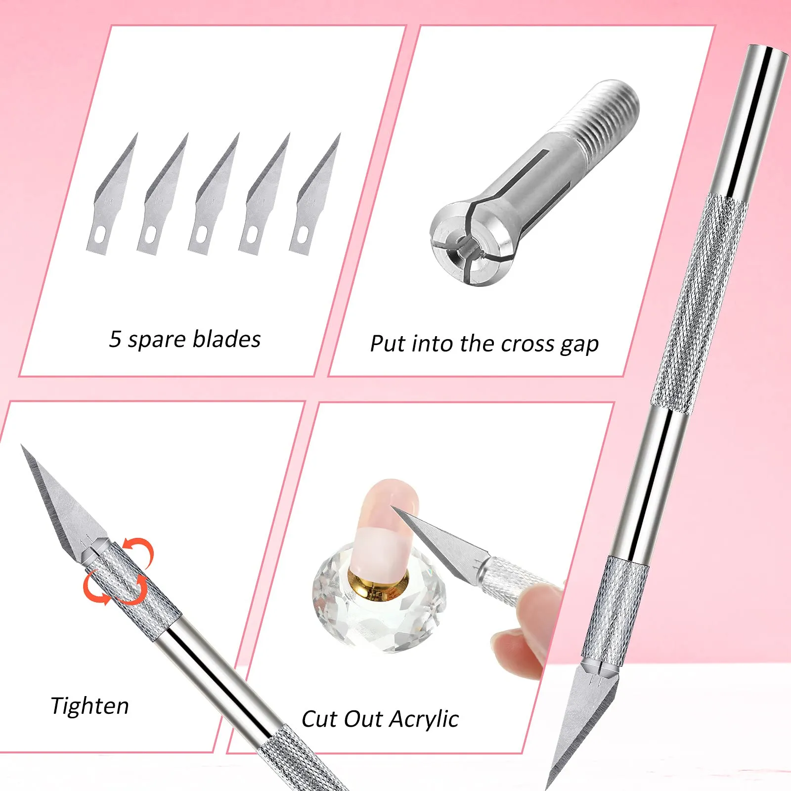 12 Pieces French Nail Trimmer Smile Line Cutter Edge Manicure Stainless Steel French Tip Cutters DIY Plate Module with 2 Handles French Tip Cutting Knife and 5 Spare Blade for Acrylic Nail (Silver) Silver