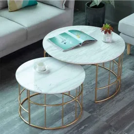 Aafiya Handicrafts 2-Piece Modern Round Coffee Table Set For Living Room, Circle End Side Tables For Bedroom Office Balcony Yard - Metal