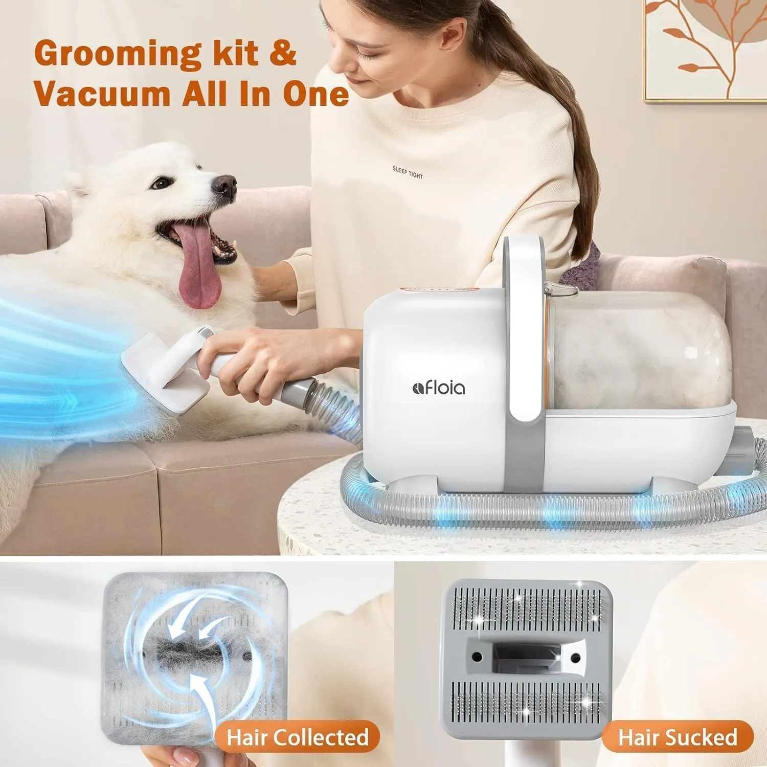 Afloia Dog Grooming Kit, Pet Grooming Vacuum & Dog Clippers Nail Trimmer Grinder & Dogs Brush for Shedding with 6 Pets Grooming Tools, Low Noise Dogs Hair Remover Pets Supplies (White)