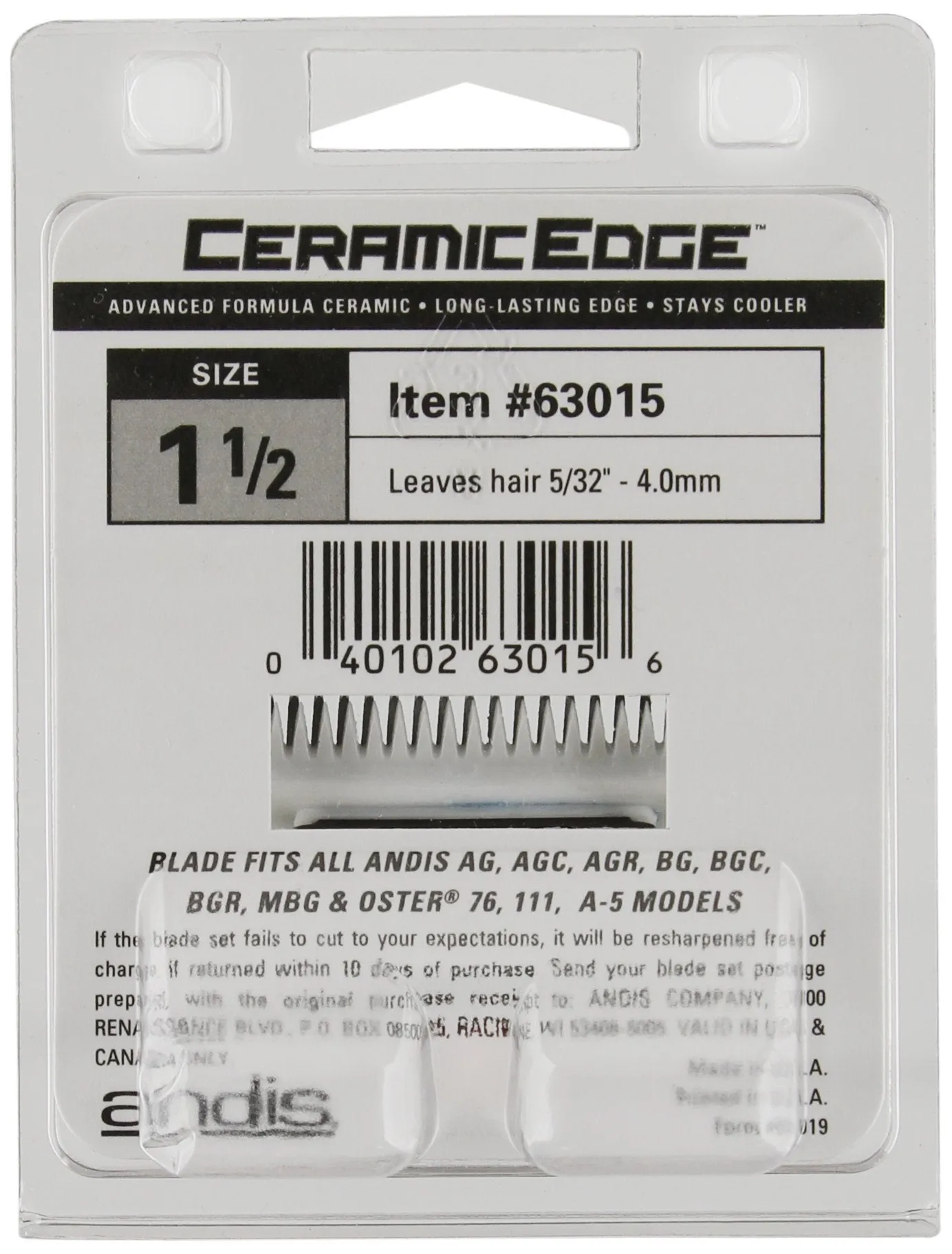 Andis 63015 CeramicEdge Carbon-Infused Steel Clipper Blade, Size 1-1/2, 5/32-Inch Cut Length