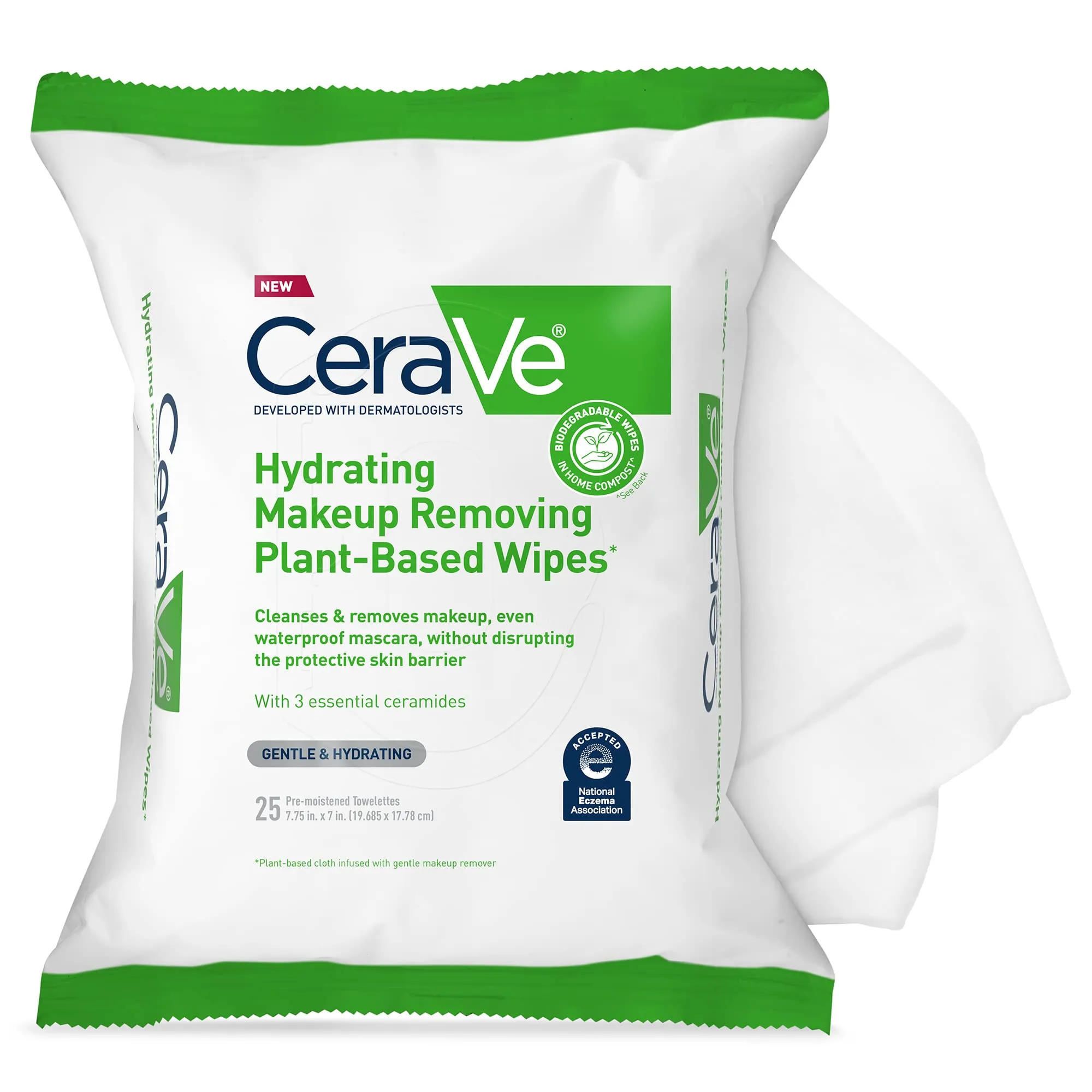 CeraVe Hydrating Facial Cleansing Makeup Remover Wipes| Plant Based Face Wipes| Biodegradable in Home Compost| Face Wash Cloth| Suitable for Sensitive Skin| Fragrance-free Non-comedogenic| 25 Count Fragrance Free