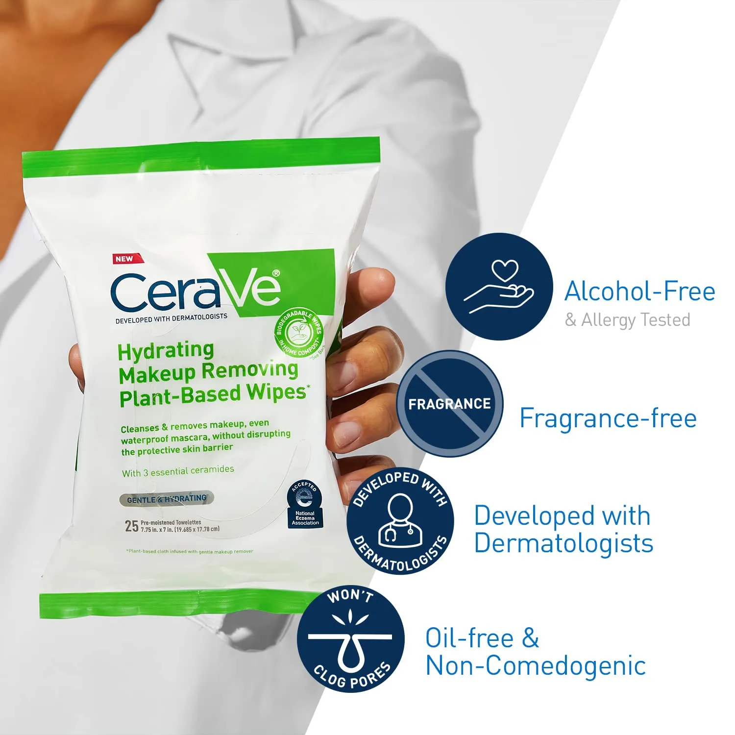 CeraVe Hydrating Facial Cleansing Makeup Remover Wipes| Plant Based Face Wipes| Biodegradable in Home Compost| Face Wash Cloth| Suitable for Sensitive Skin| Fragrance-free Non-comedogenic| 25 Count Fragrance Free