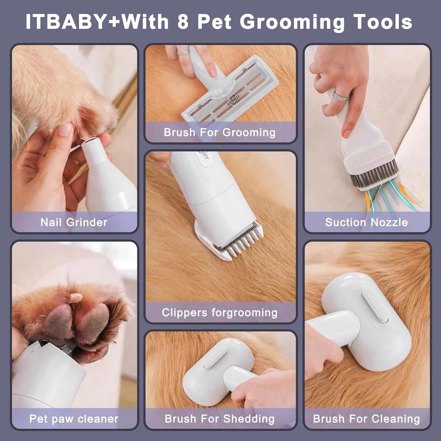 Dog Grooming Kit, Pet Grooming Kit & Vacuum Suction 99% Pet Hair Groomer, Professional Grooming Clippers with 8 Proven Grooming Tools for Dogs Cats, Quiet Pet Vacuum Groomer (White)