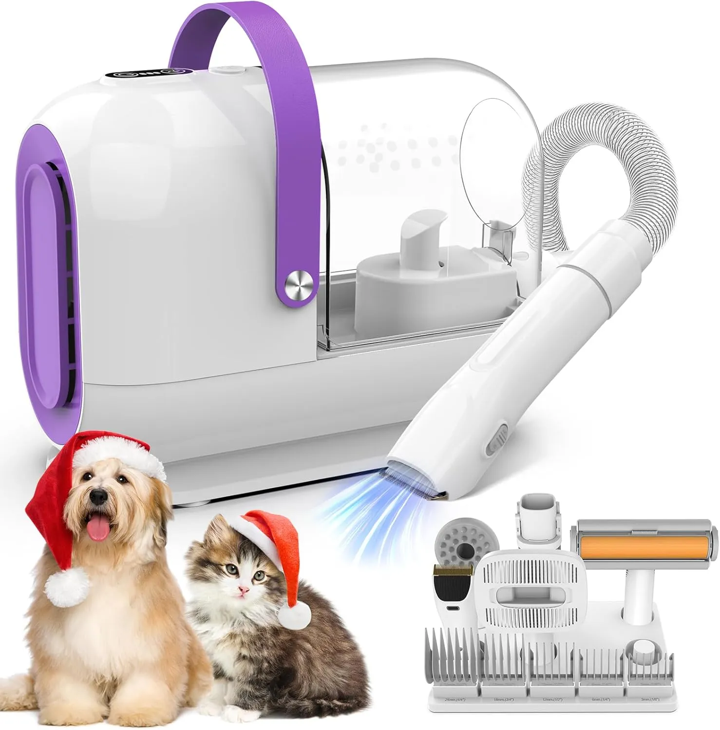 Dog Grooming Kit&Vacuum, 3L Pet Grooming Vacuum 99% Pet Hair Suction, 5 Grooming Tools, 5 Combs, Quiet Pet Vacuum Groomer with Hair Roller, Massage Nozzle for Shedding Dogs,White&Purple