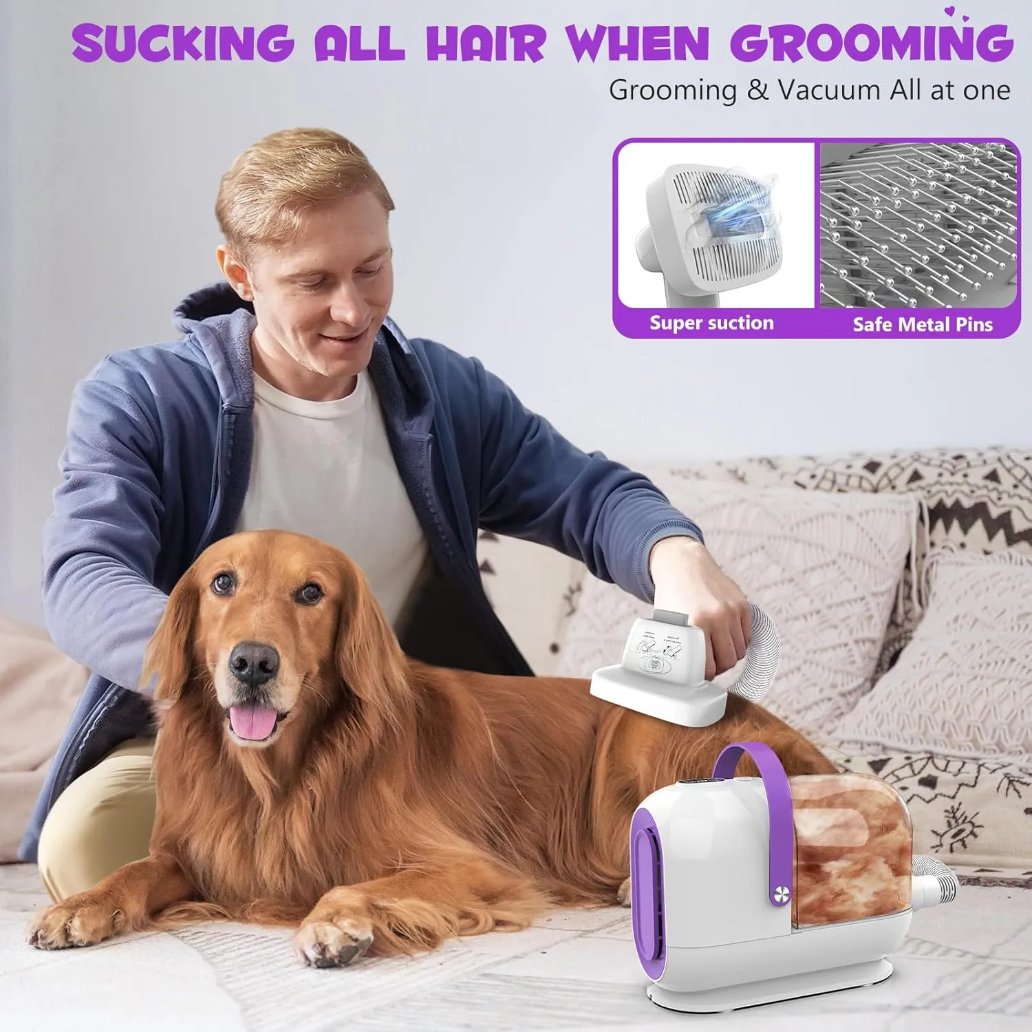 Dog Grooming Kit&Vacuum, 3L Pet Grooming Vacuum 99% Pet Hair Suction, 5 Grooming Tools, 5 Combs, Quiet Pet Vacuum Groomer with Hair Roller, Massage Nozzle for Shedding Dogs,White&Purple