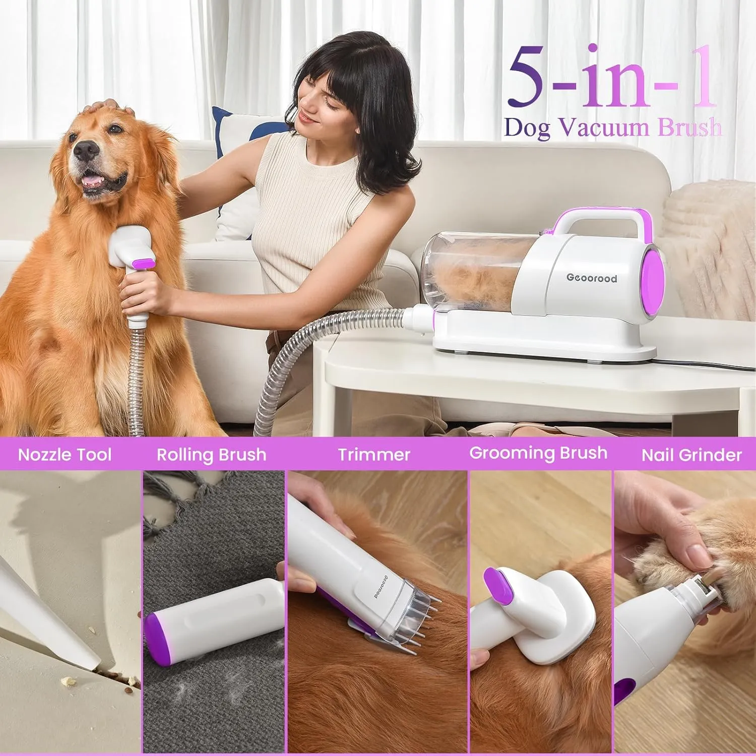 Dog Grooming Vacuum Kit, 5 in 1 Pet Hair Grooming Tools 13000Pa 2.2L Dust Cup with Clippers for Dogs Cats Shedding Brush Remover at Home Purple
