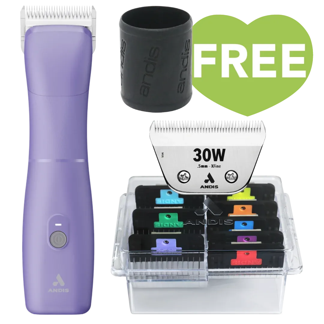 Emerge Clipper Purple with #30W Blade and 8Pc Wide Comb Attachment Bundle by Andis