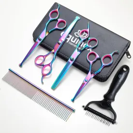 Equinox Dog Grooming Scissors & Deshedder - 7 in 1 Pet Grooming Scissors Set with undercoat brush - Curved Dog Scissors with safety tips - Includes Thinning & Rounded Shears - For dogs & cats