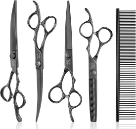 JASON Dog Grooming Scissors Set Professional 6 in 1 Dog Shears Kit - 6.5" Thinning, 7" Straight, 7" Up-Curved, 7" Down-curved Shears and Comb for Dog Cat Pet with Adjustable Screw (Black)