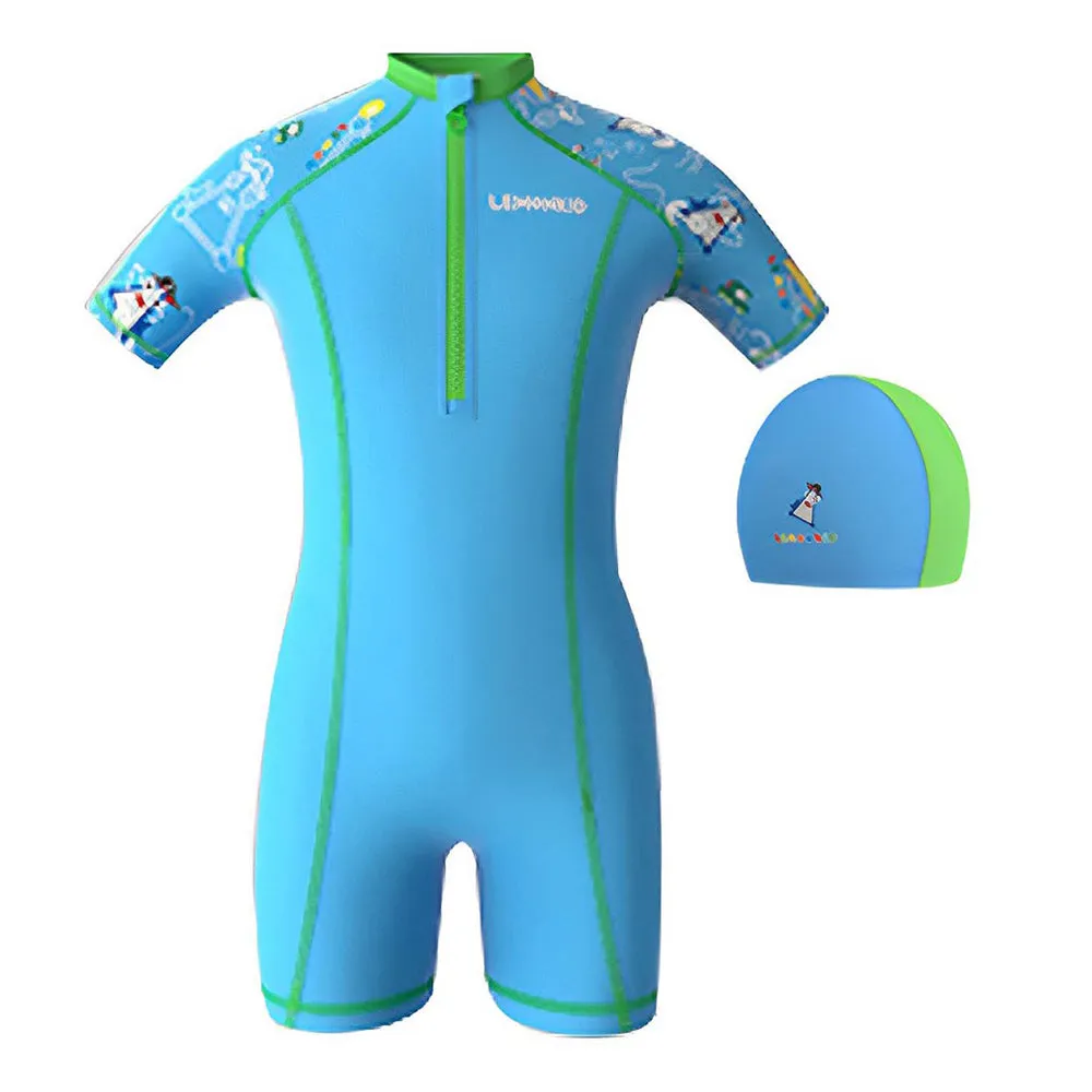 Light Blue & Green Pirates Shark Swimwear for Kids Kids Swimwear with matching Swim Cap with UPF 50 