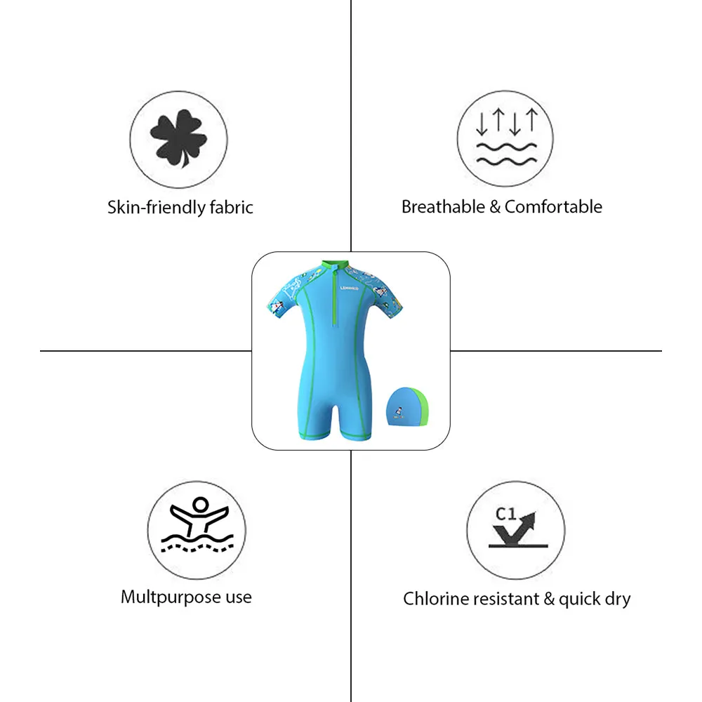 Light Blue & Green Pirates Shark Swimwear for Kids Kids Swimwear with matching Swim Cap with UPF 50 