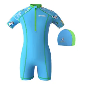 Light Blue & Green Pirates Shark Swimwear for Kids Kids Swimwear with matching Swim Cap with UPF 50 