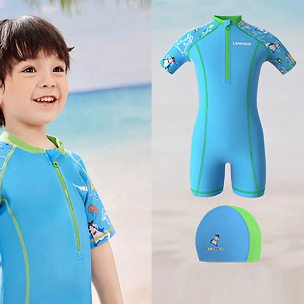 Light Blue & Green Pirates Shark Swimwear for Kids Kids Swimwear with matching Swim Cap with UPF 50 
