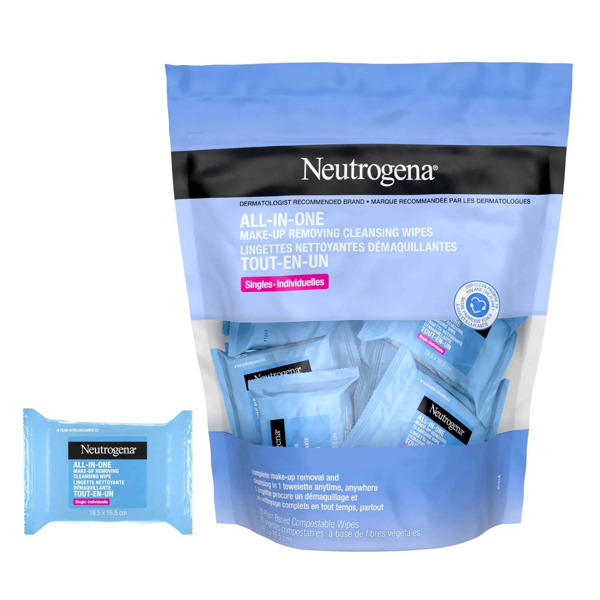 Neutrogena All-in-One Makeup Removing Cleansing Wipe, Waterproof Mascara Removal, Fragrance Free, Plant Based Wipes, 20 Count