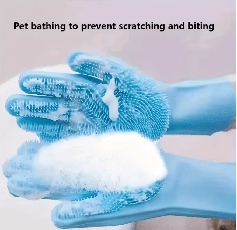 Pet Grooming Cleaning Gloves – Dog & Cat Bathing, Hair Removal & Shampoo Scrubber, Silicone Glove