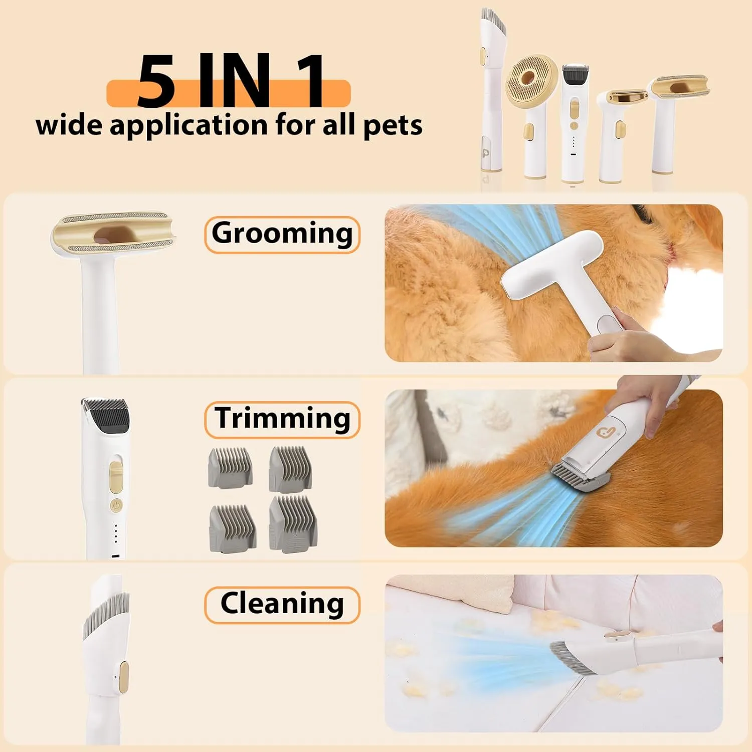 Pet Grooming Kit & Vacuum Suction 99% Pet Hair, 5 In-1 Pet Grooming Kit With 2L Large Capacity Dust Cup, Low Noise Dog Hair Remover for Shedding Grooming Dogs Cats and Other Animals,