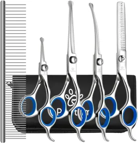 Professional Pet Grooming Kit  6 in 1 Dog Grooming Scissors Kit - Dog & Cat Grooming Supplies - Adjustable Screw Scissors, 4CR Stainless Steel Dog Clippers, Hair Thinning Shears, Rubber Grips